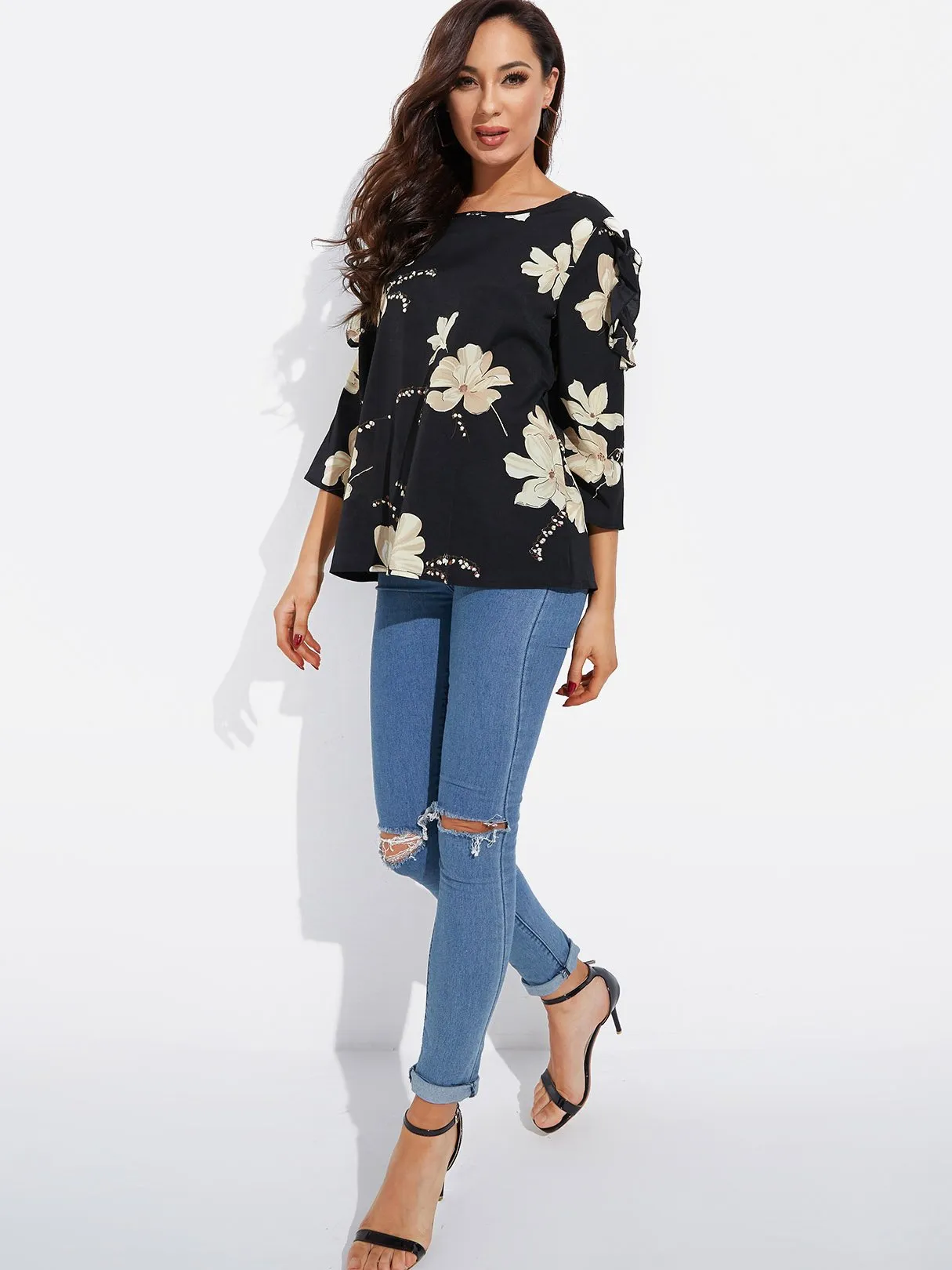 Custom Round Neck Floral Print Long Sleeve Blouses