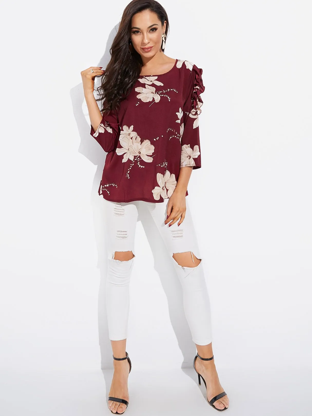 Custom Round Neck Floral Print Long Sleeve Blouses