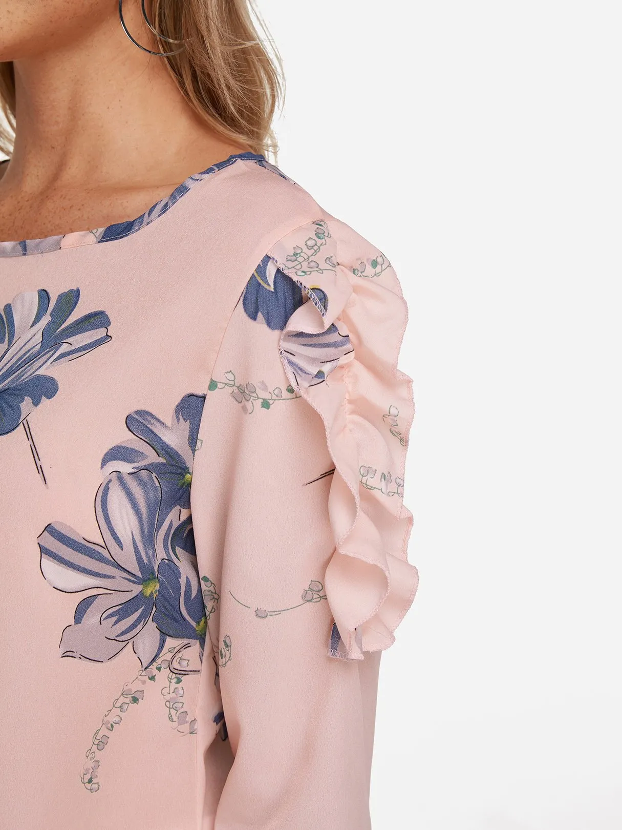 Custom Round Neck Floral Print Long Sleeve Blouses