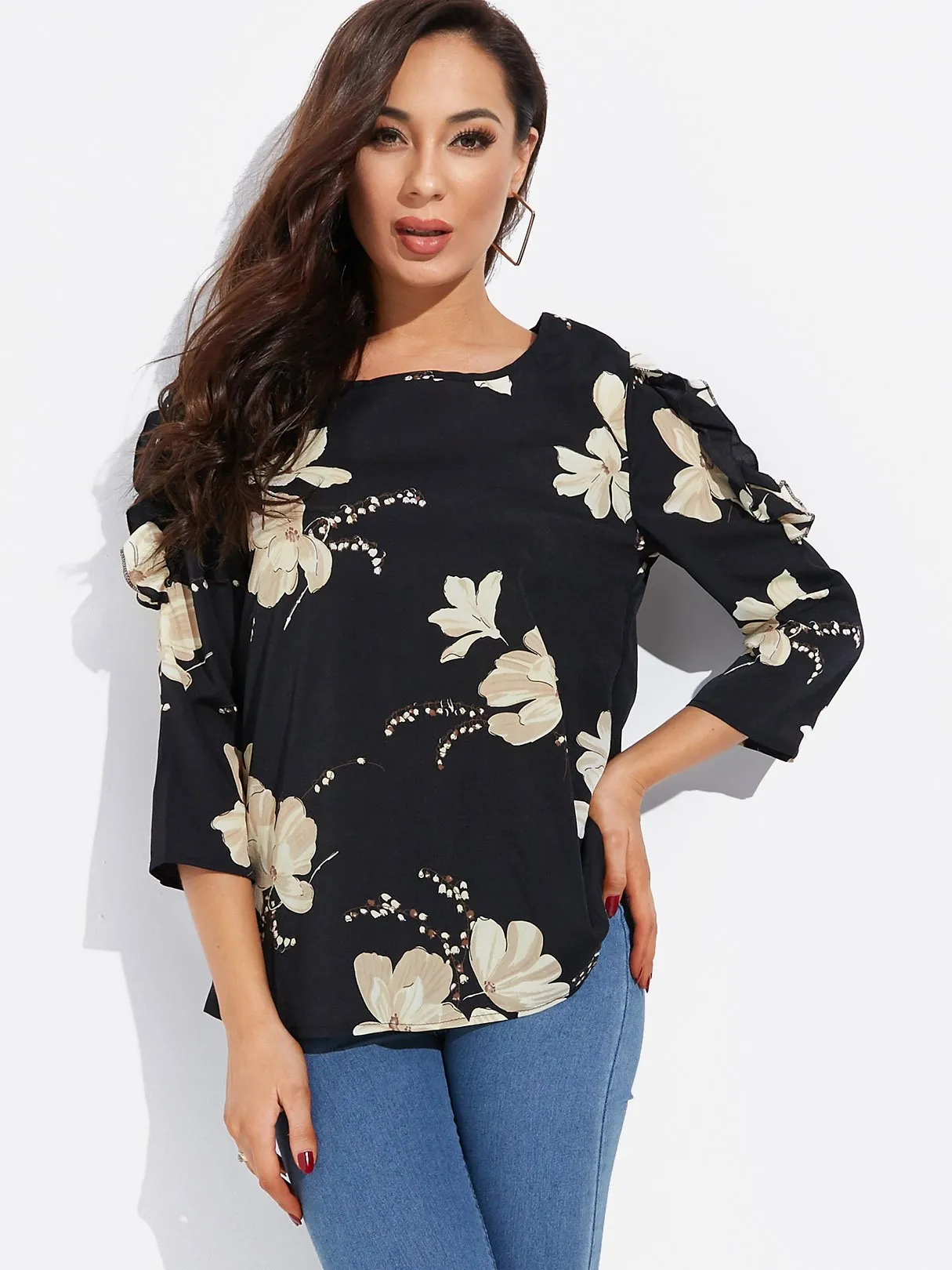 Custom Round Neck Floral Print Long Sleeve Blouses