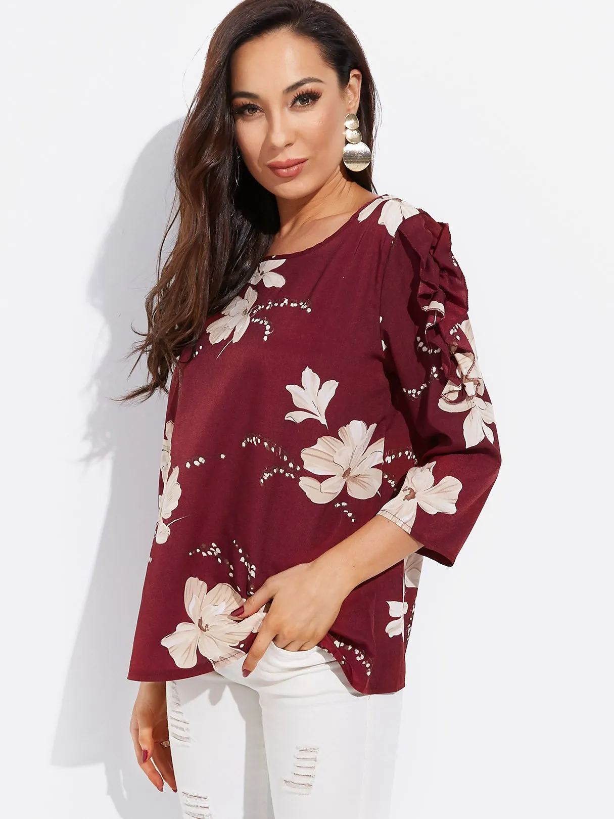 Custom Round Neck Floral Print Long Sleeve Blouses