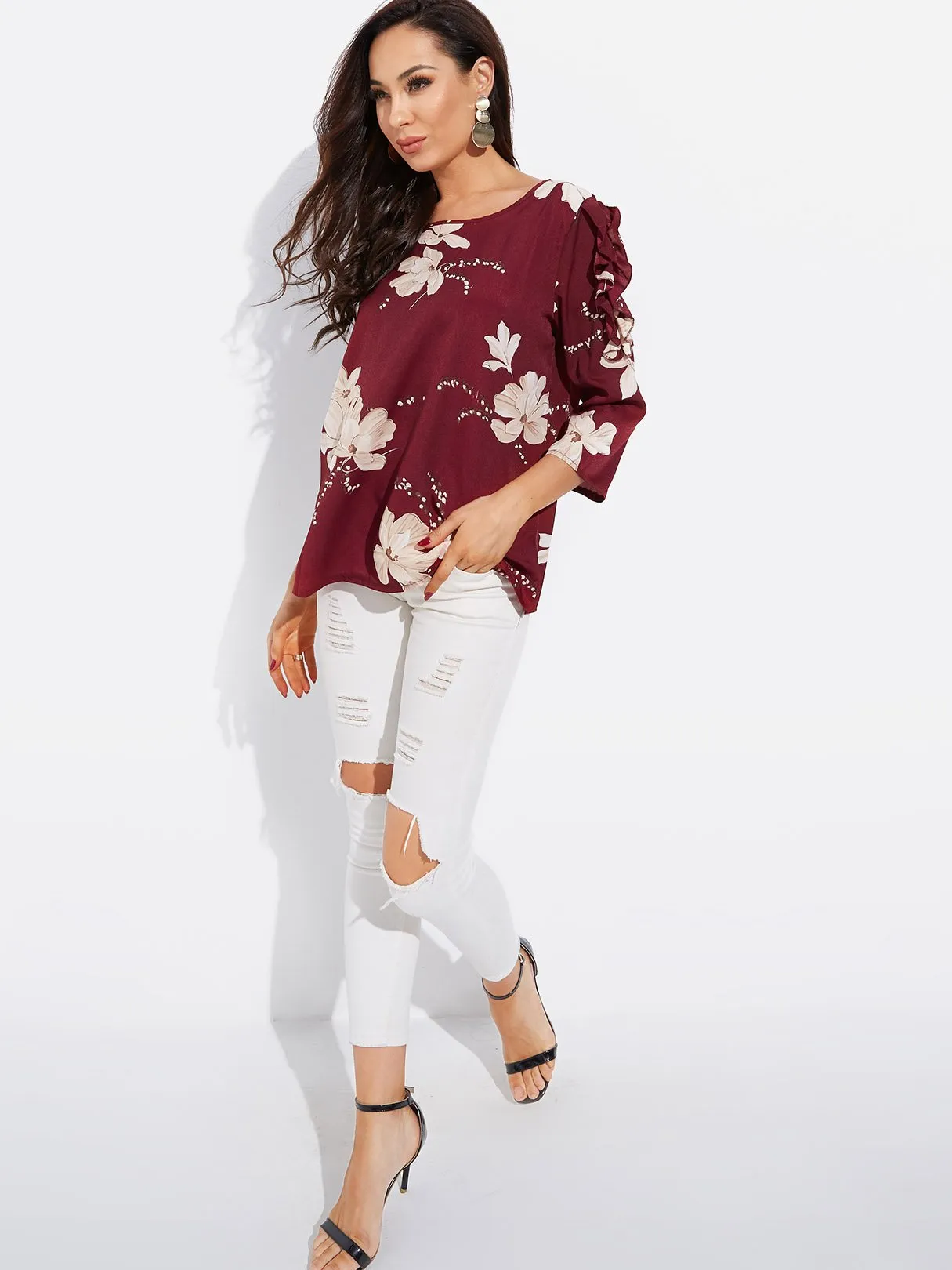 Custom Round Neck Floral Print Long Sleeve Blouses