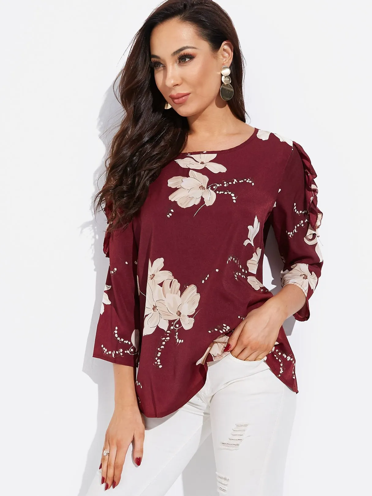 Custom Round Neck Floral Print Long Sleeve Blouses