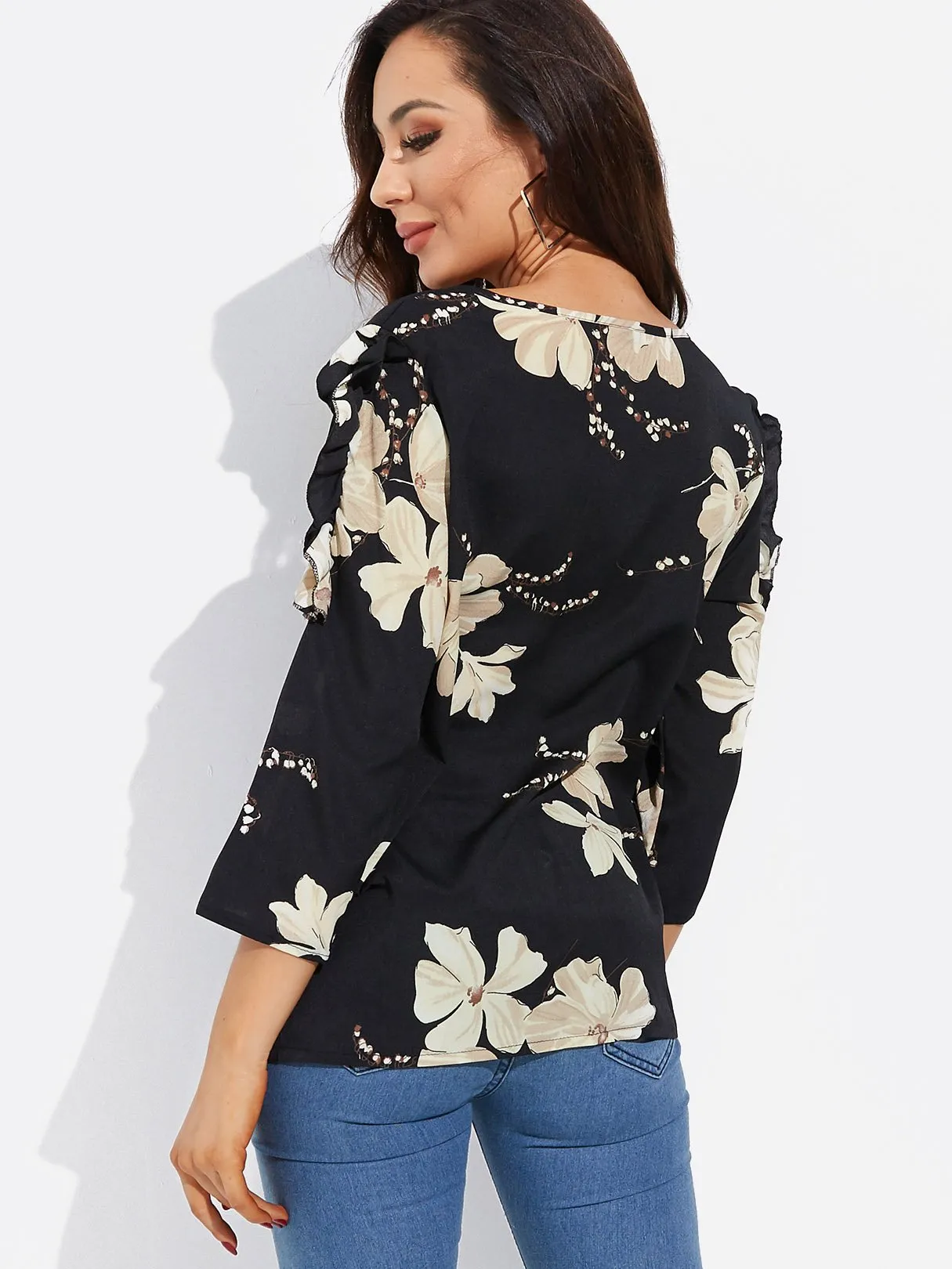 Custom Round Neck Floral Print Long Sleeve Blouses