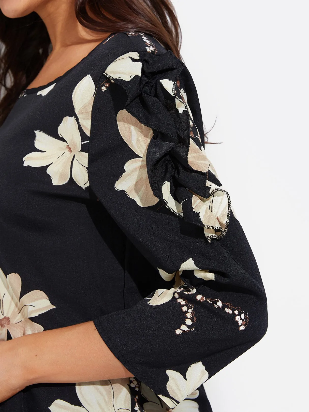 Custom Round Neck Floral Print Long Sleeve Blouses