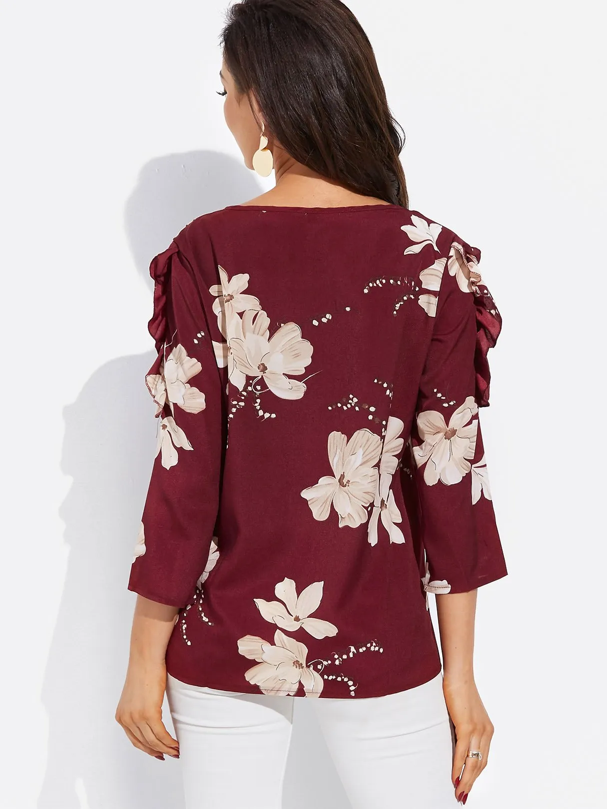 Custom Round Neck Floral Print Long Sleeve Blouses