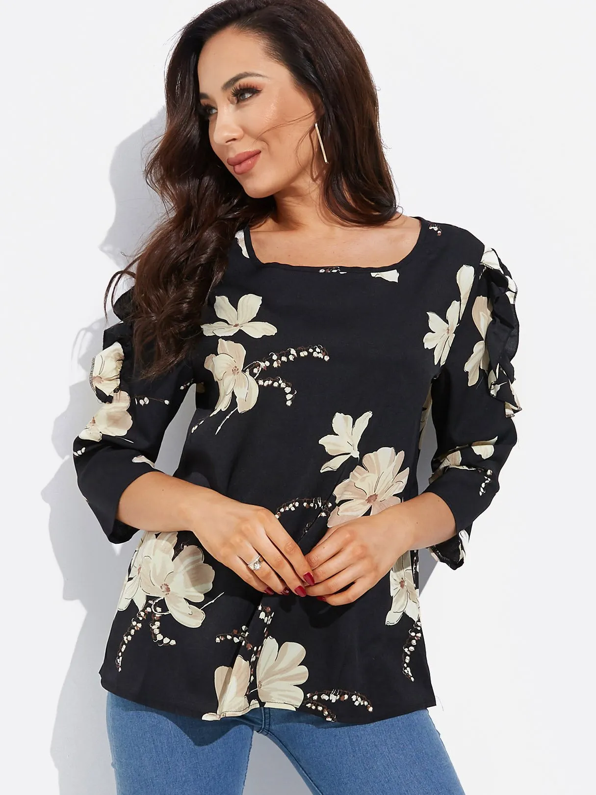 Custom Round Neck Floral Print Long Sleeve Blouses