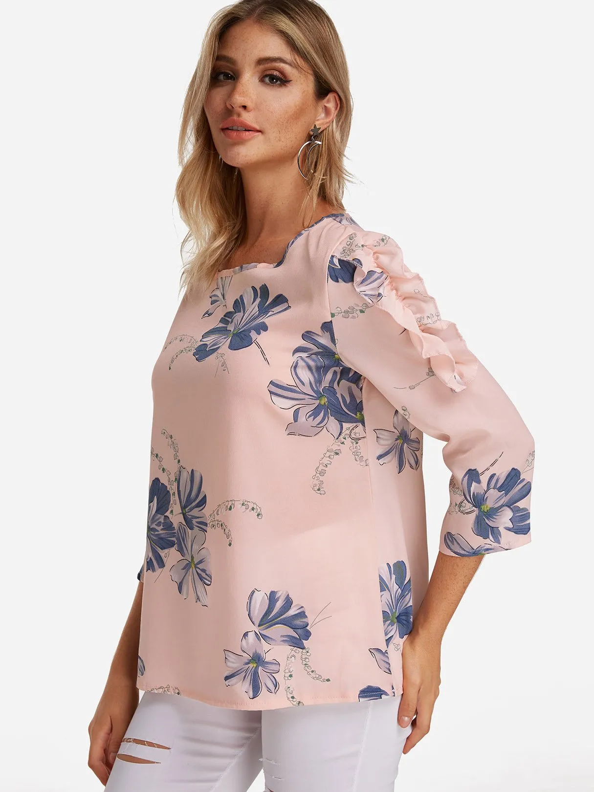 Custom Round Neck Floral Print Long Sleeve Blouses