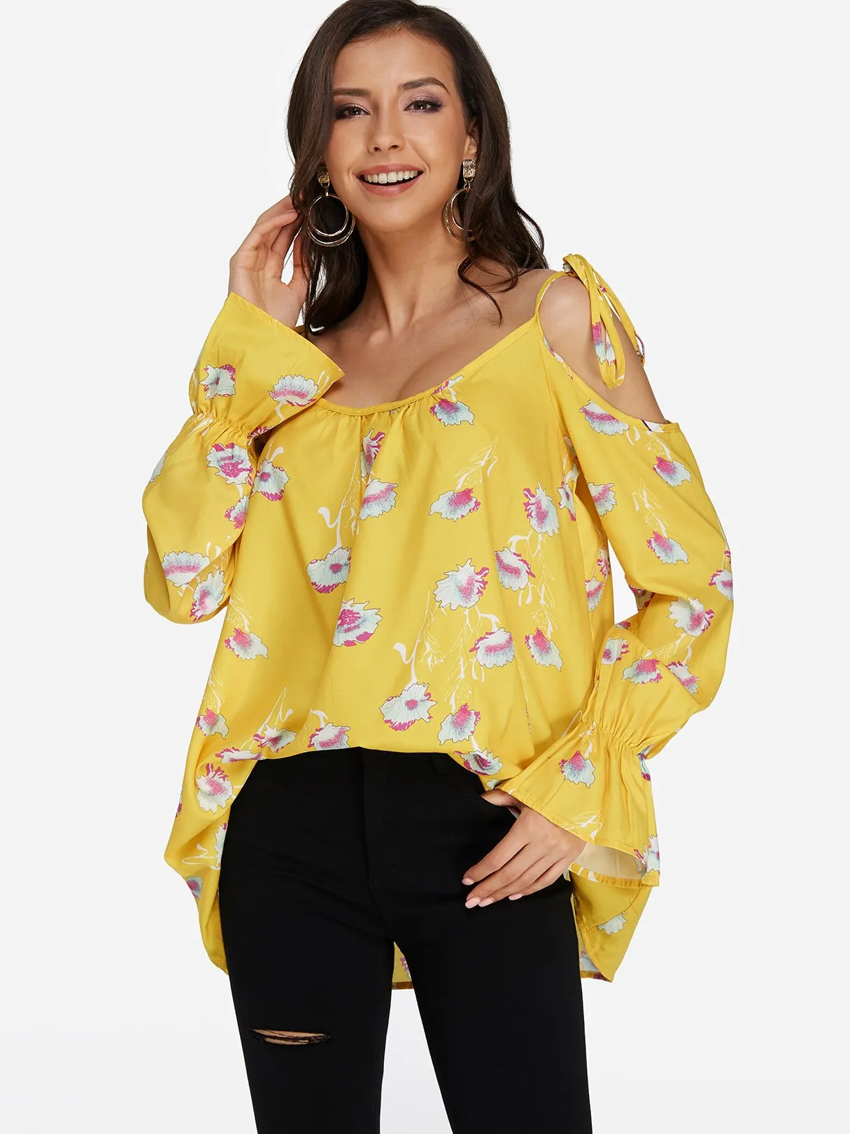 Custom Scoop Neck Floral Print Long Sleeve Curved Hem Yellow Blouses