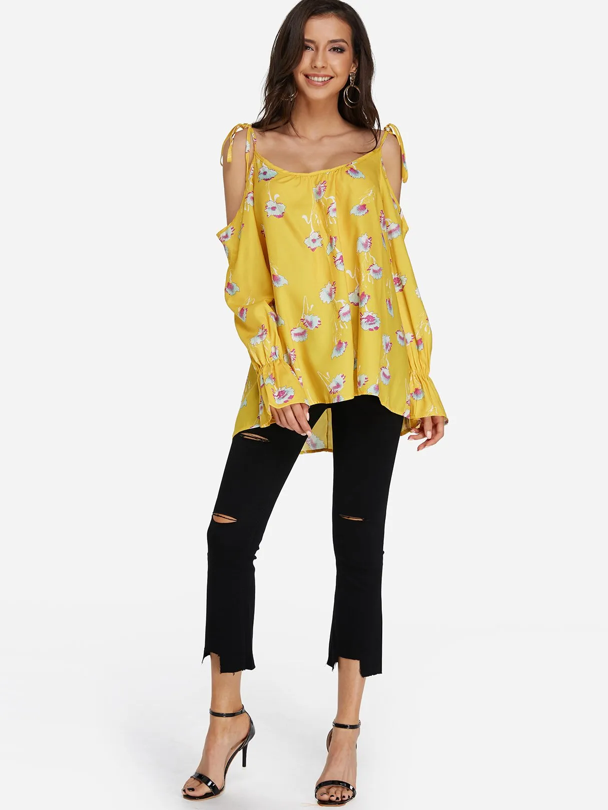 Custom Scoop Neck Floral Print Long Sleeve Curved Hem Yellow Blouses