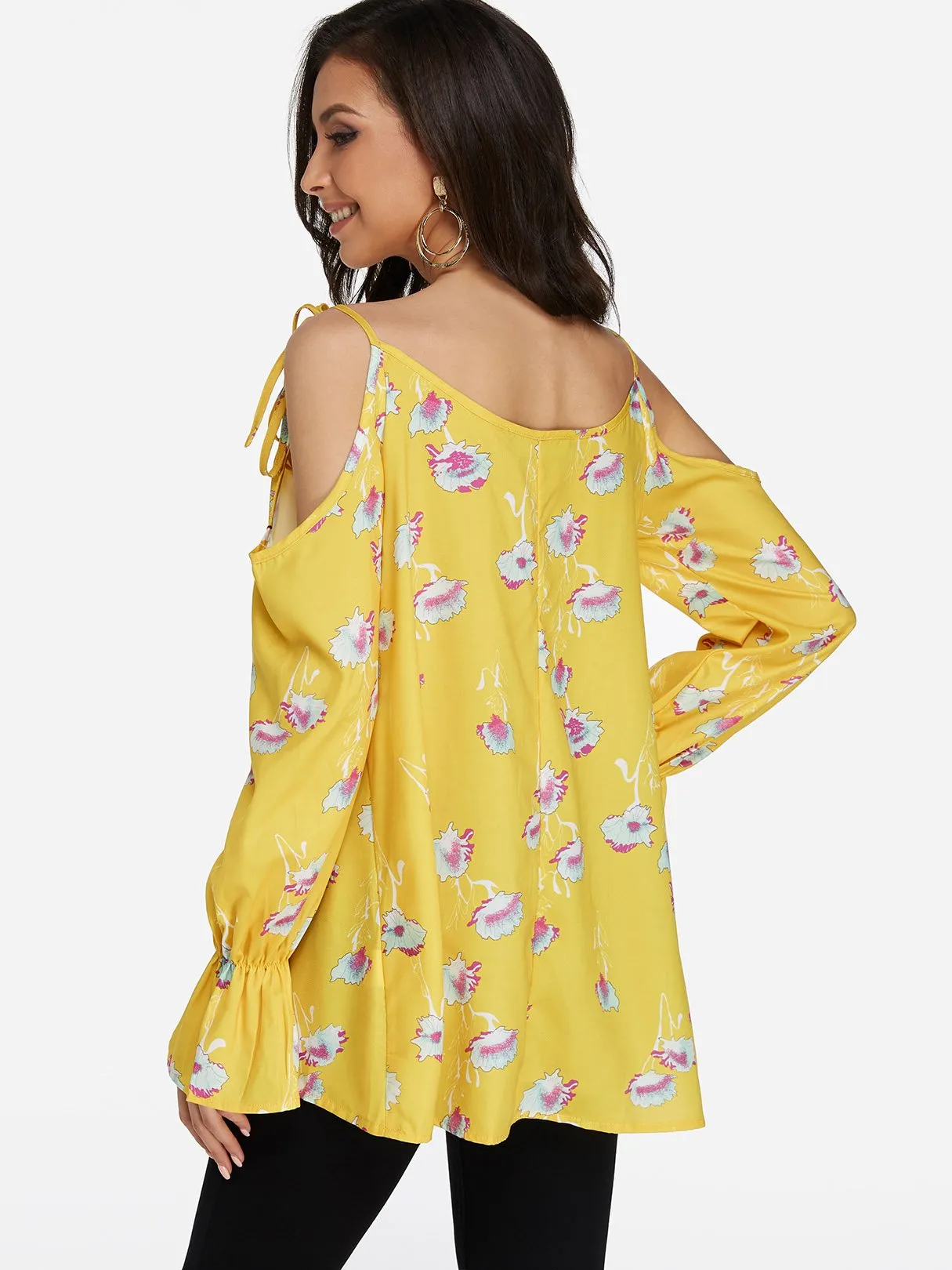 Custom Scoop Neck Floral Print Long Sleeve Curved Hem Yellow Blouses