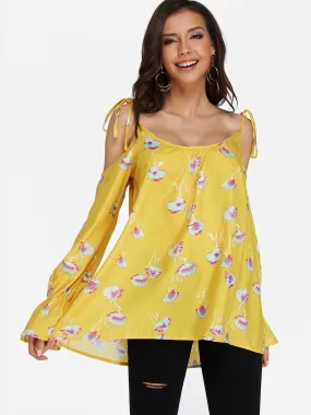 Custom Scoop Neck Floral Print Long Sleeve Curved Hem Yellow Blouses