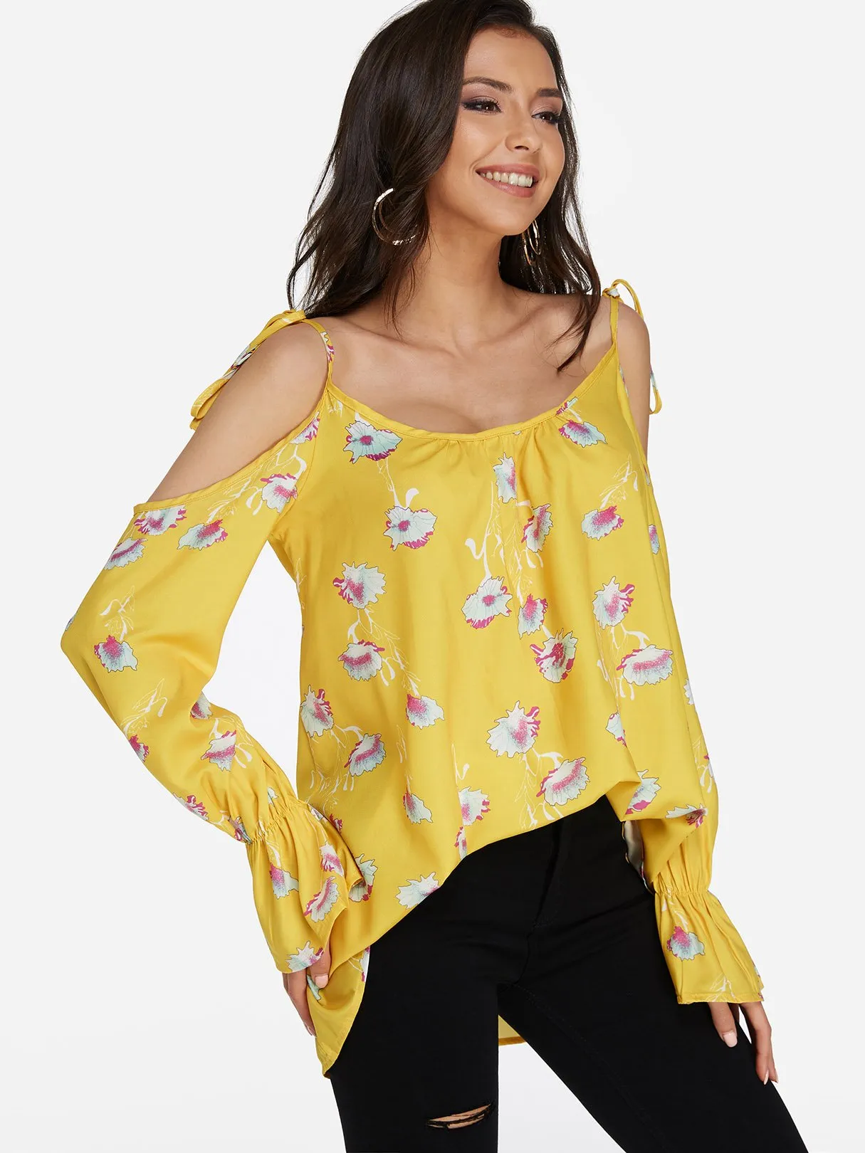 Custom Scoop Neck Floral Print Long Sleeve Curved Hem Yellow Blouses