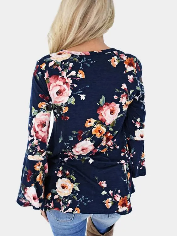 Custom V-Neck Floral Print Long Sleeve Blouses