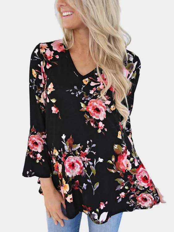 Custom V-Neck Floral Print Long Sleeve Blouses