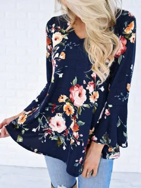 Custom V-Neck Floral Print Long Sleeve Blouses