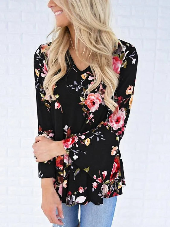 Custom V-Neck Floral Print Long Sleeve Blouses