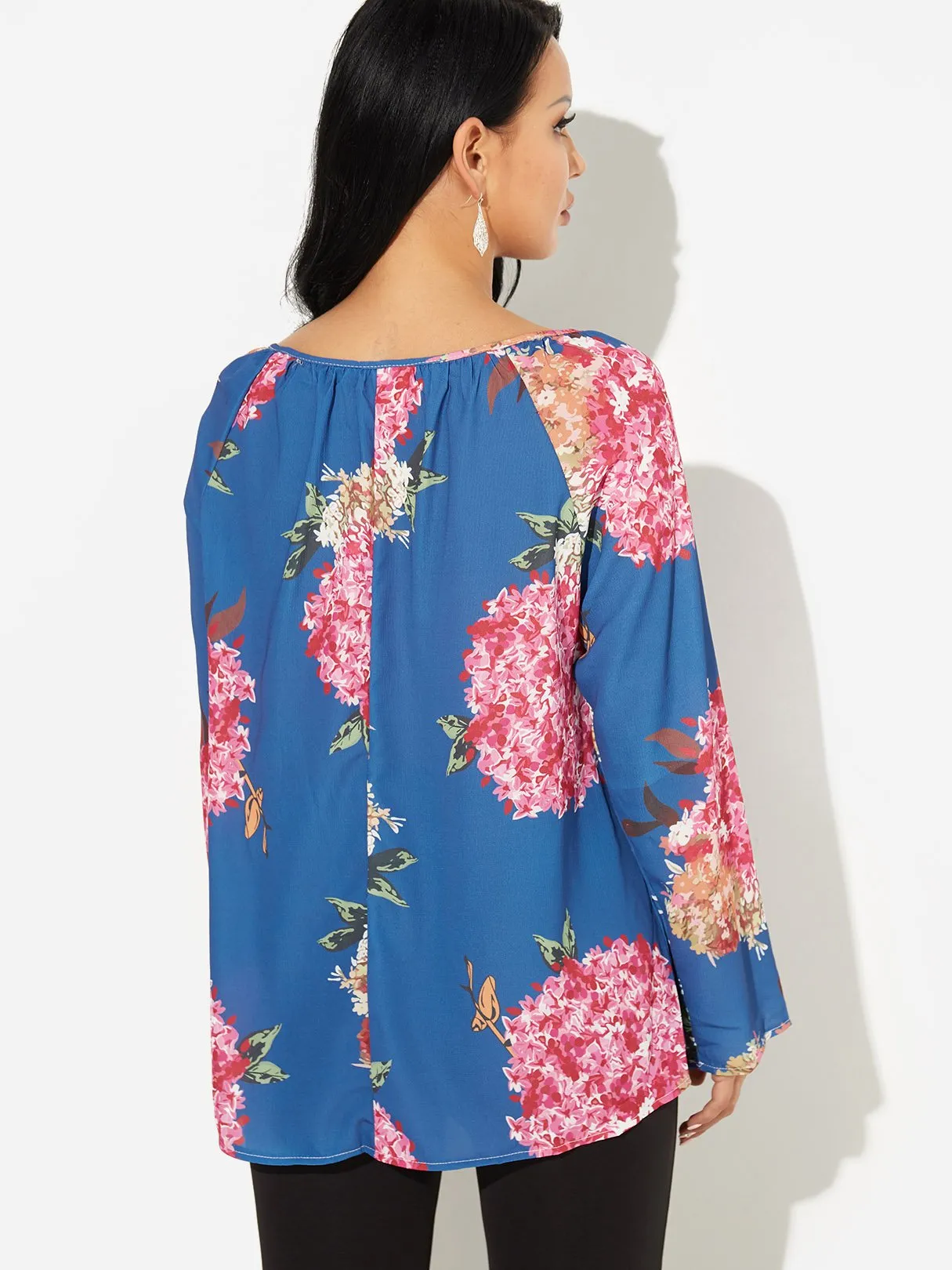 Custom V-Neck Floral Print Self-Tie Long Sleeve Blue Blouses