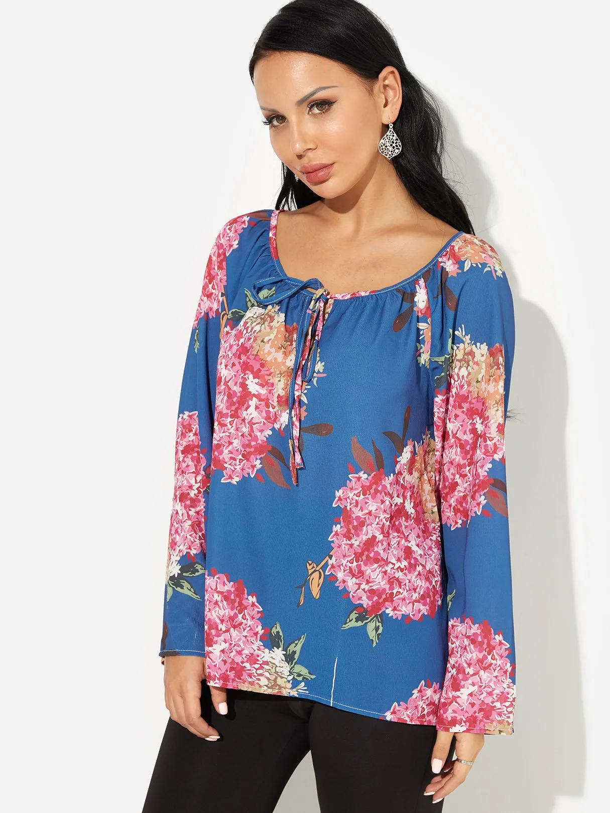 Custom V-Neck Floral Print Self-Tie Long Sleeve Blue Blouses