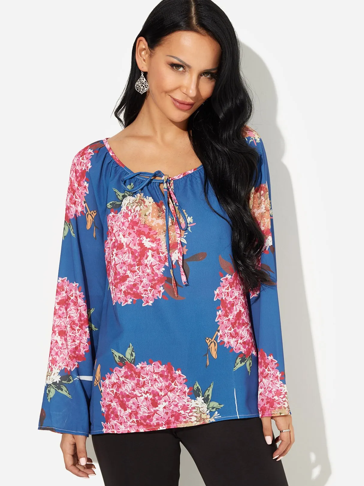 Custom V-Neck Floral Print Self-Tie Long Sleeve Blue Blouses