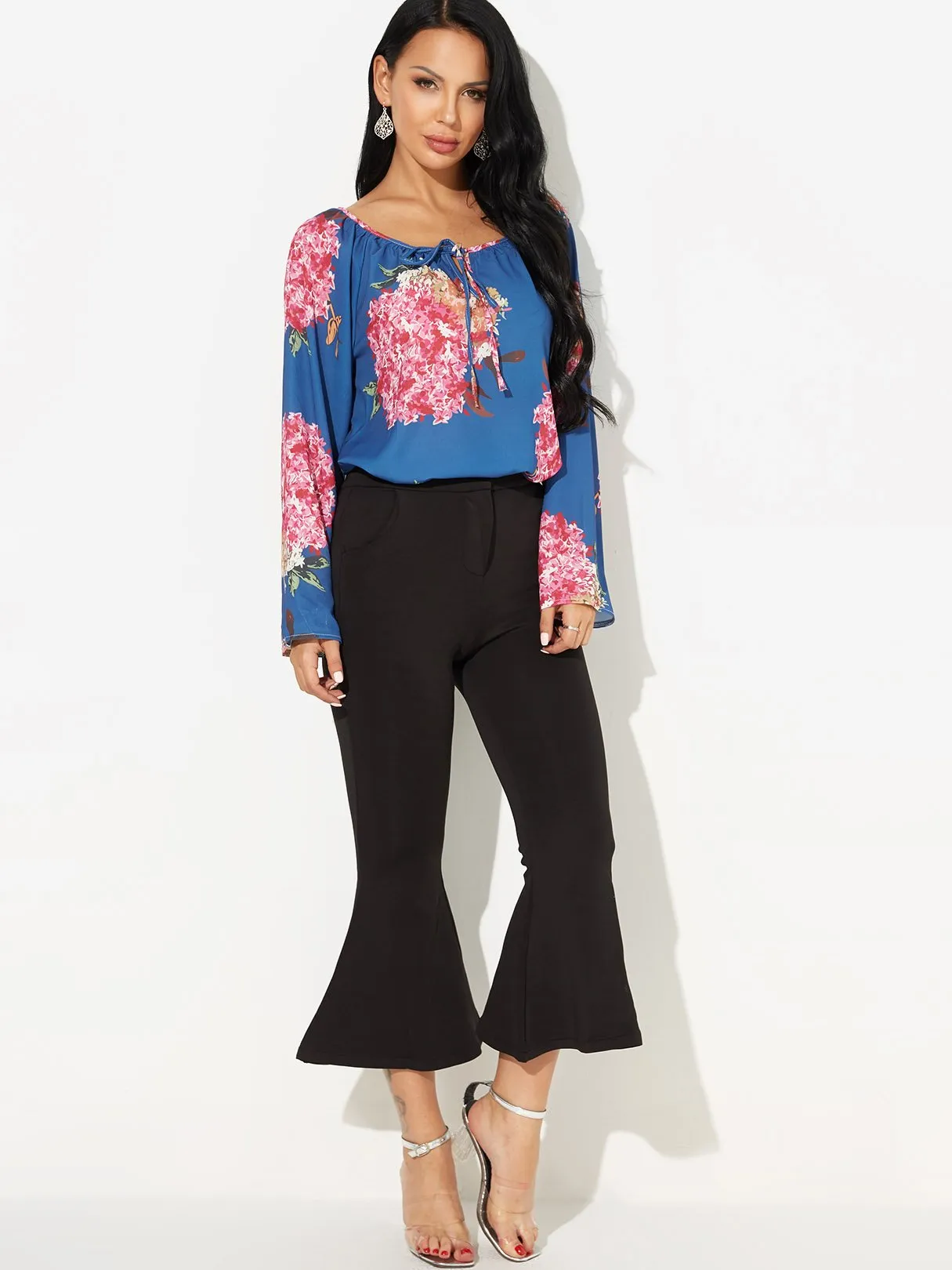 Custom V-Neck Floral Print Self-Tie Long Sleeve Blue Blouses