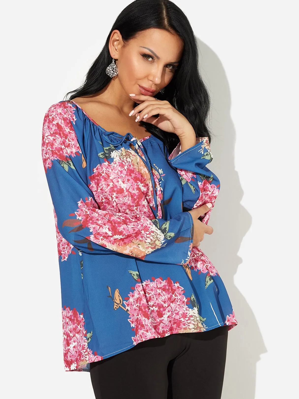 Custom V-Neck Floral Print Self-Tie Long Sleeve Blue Blouses