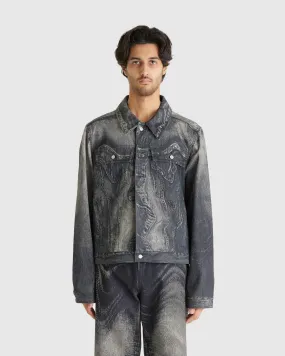 Distorted Print Denim Jacket Faded Black