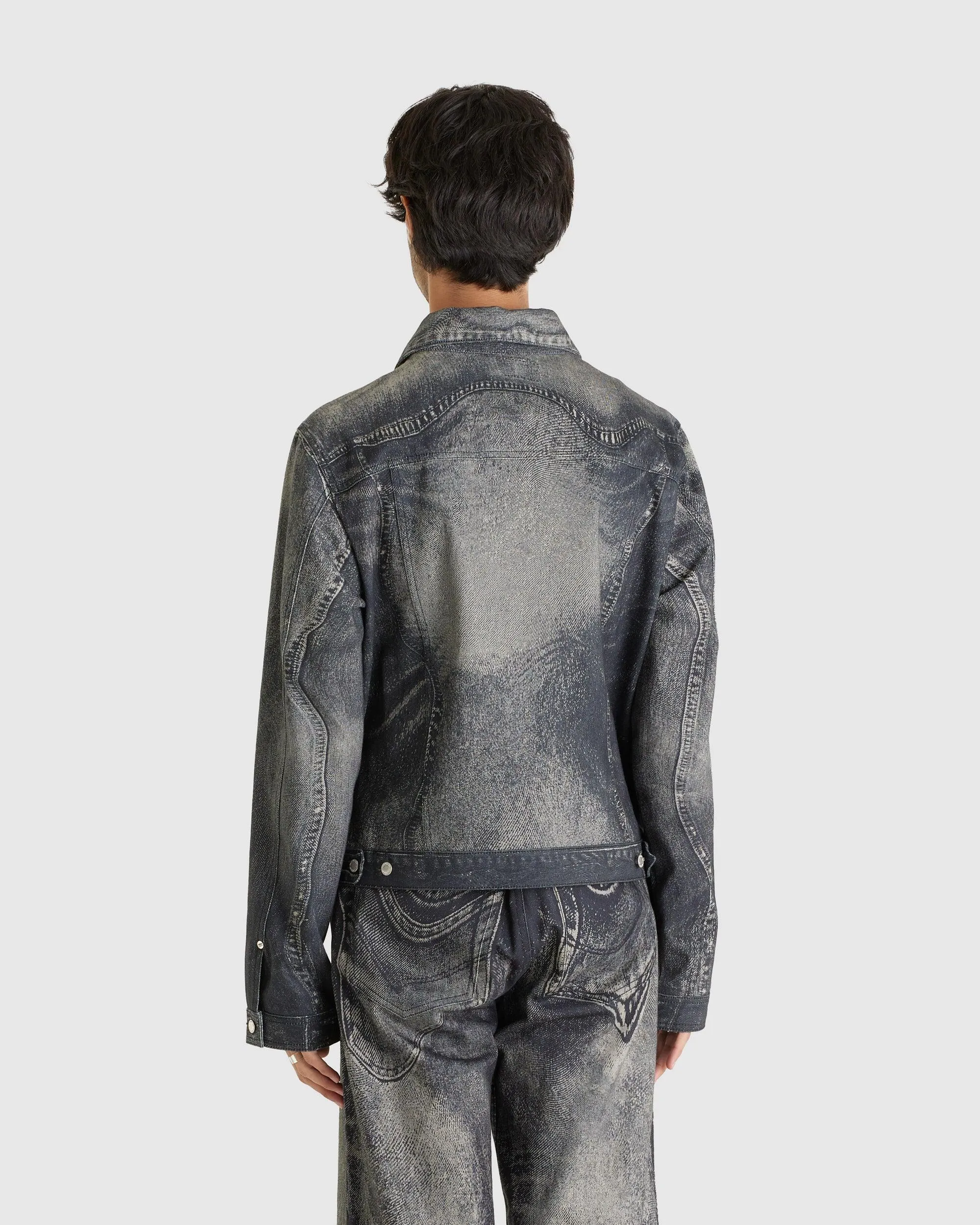 Distorted Print Denim Jacket Faded Black