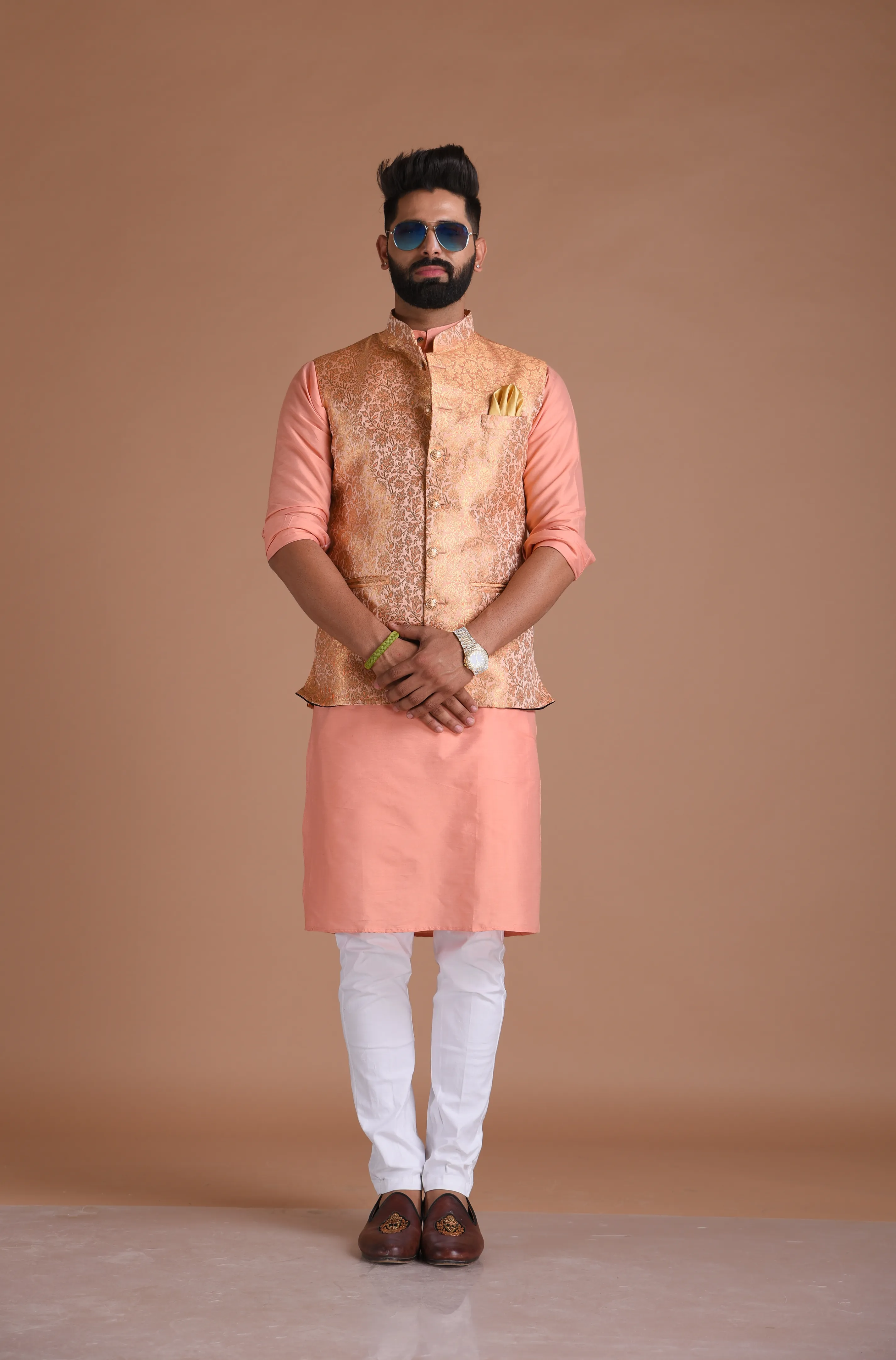 Exclusive Pastel Orange Floral Pattern Nehru Jacket With Silk Kurta Pajama Set