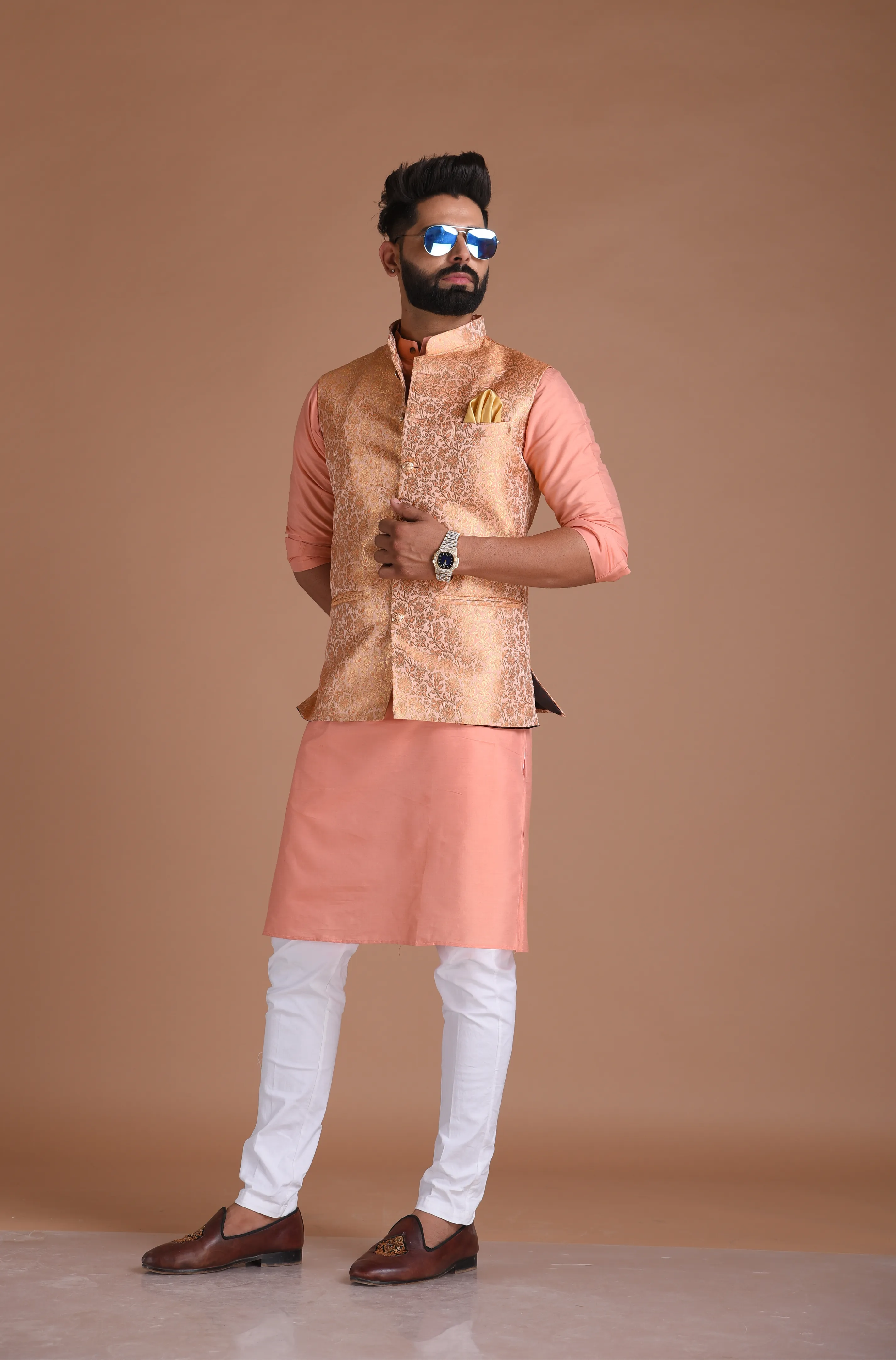 Exclusive Pastel Orange Floral Pattern Nehru Jacket With Silk Kurta Pajama Set