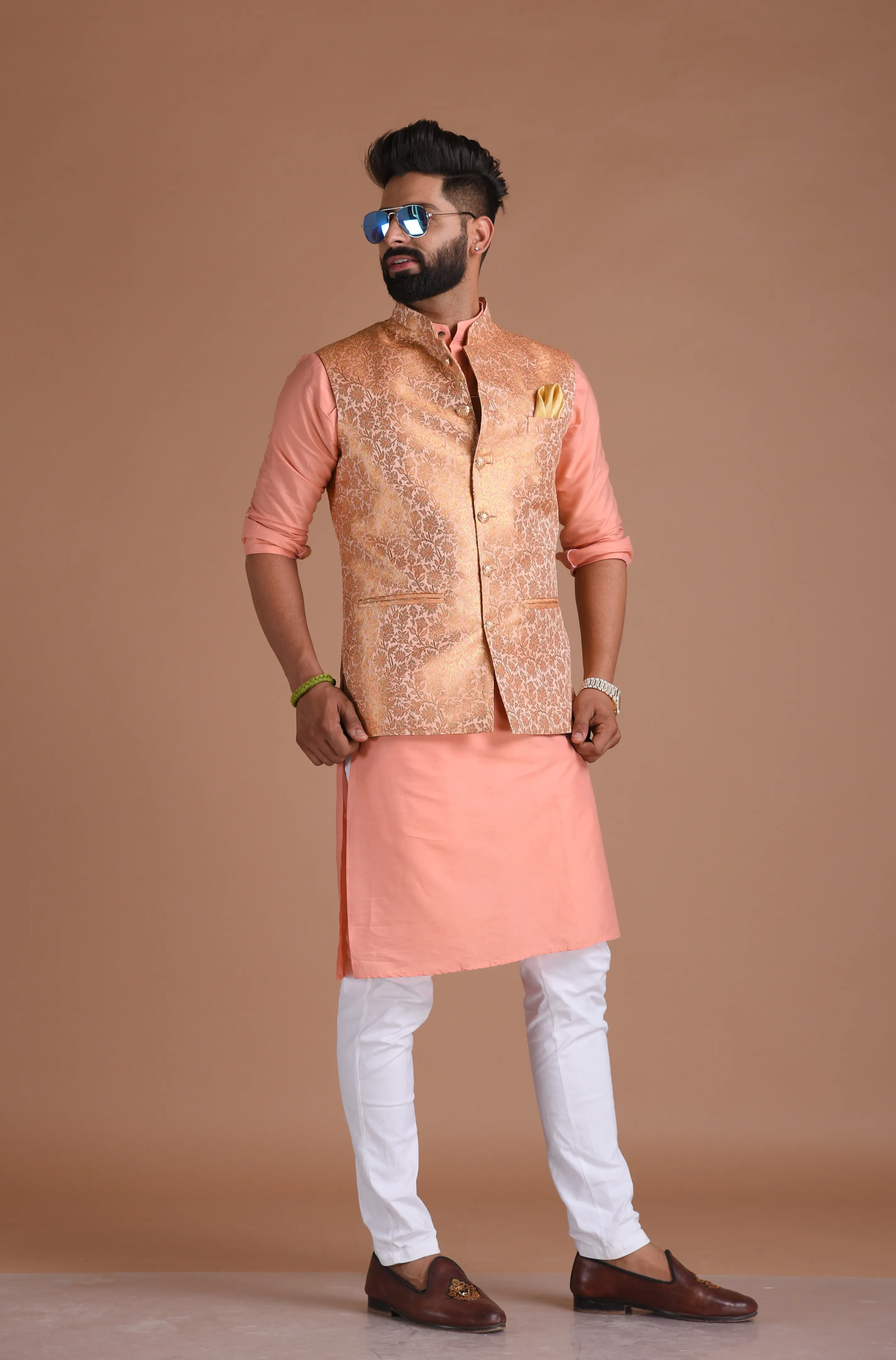 Exclusive Pastel Orange Floral Pattern Nehru Jacket With Silk Kurta Pajama Set