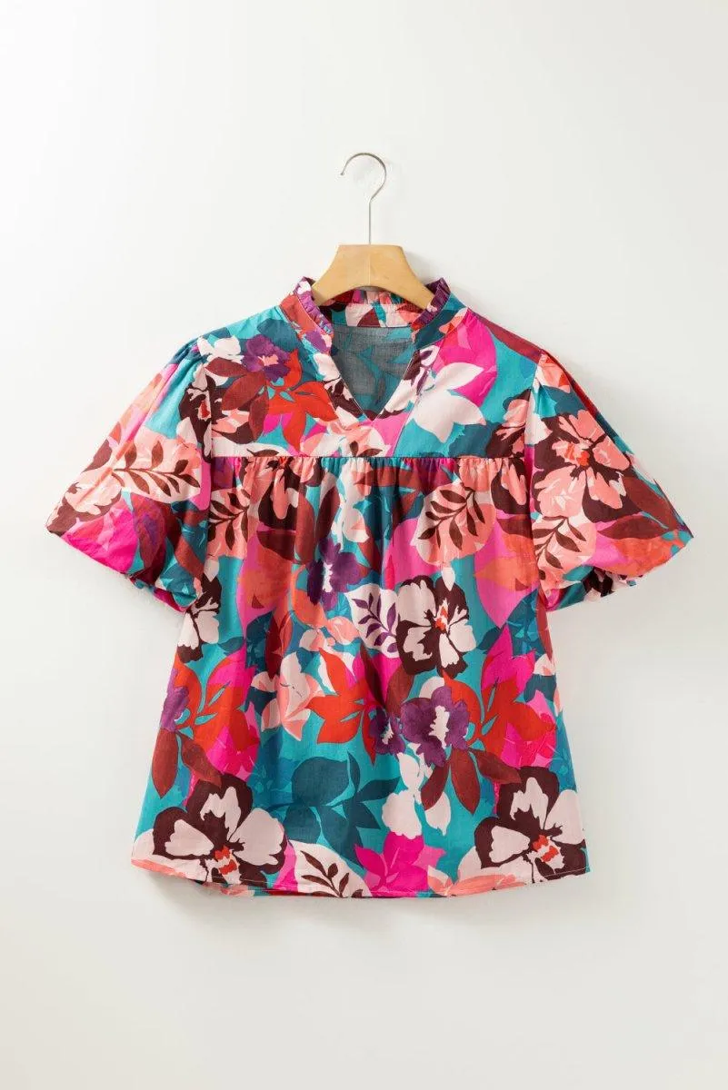 Floral Rose Red Notched Blouse