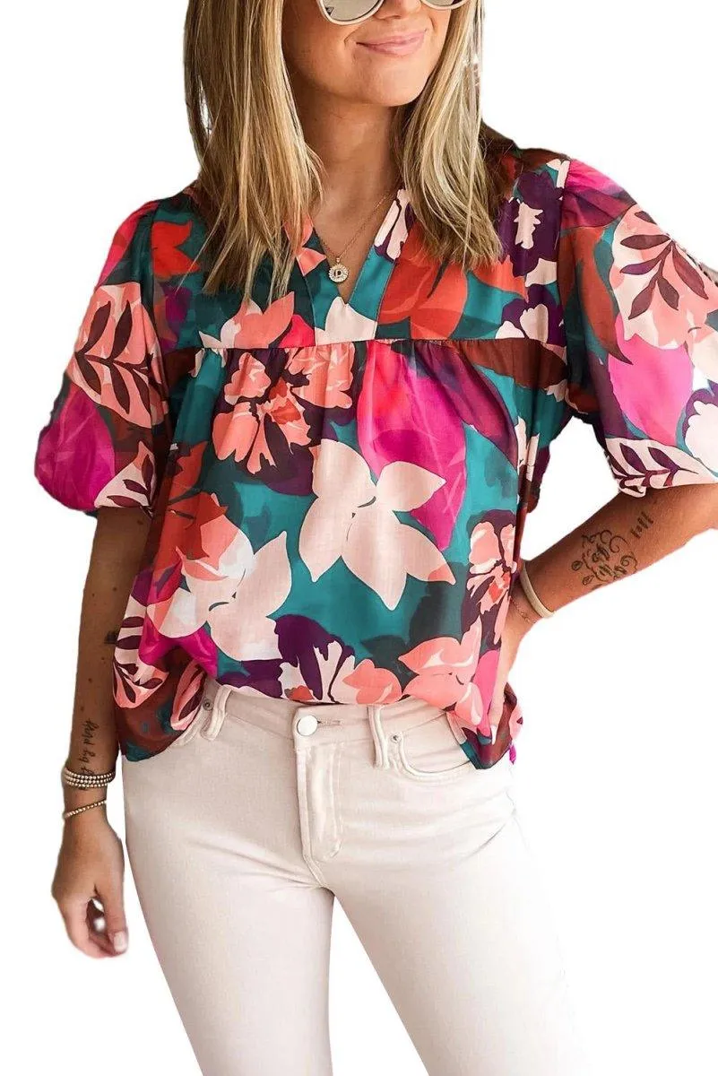 Floral Rose Red Notched Blouse