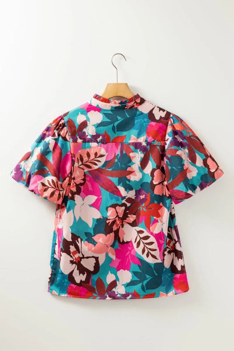 Floral Rose Red Notched Blouse