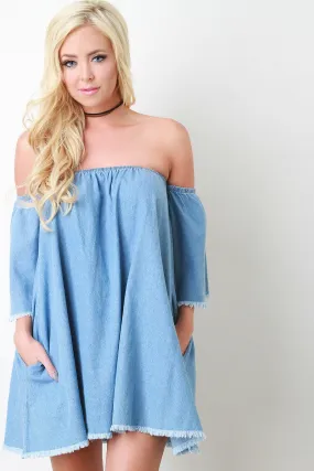 Frayed Denim Bardot Shift Dress