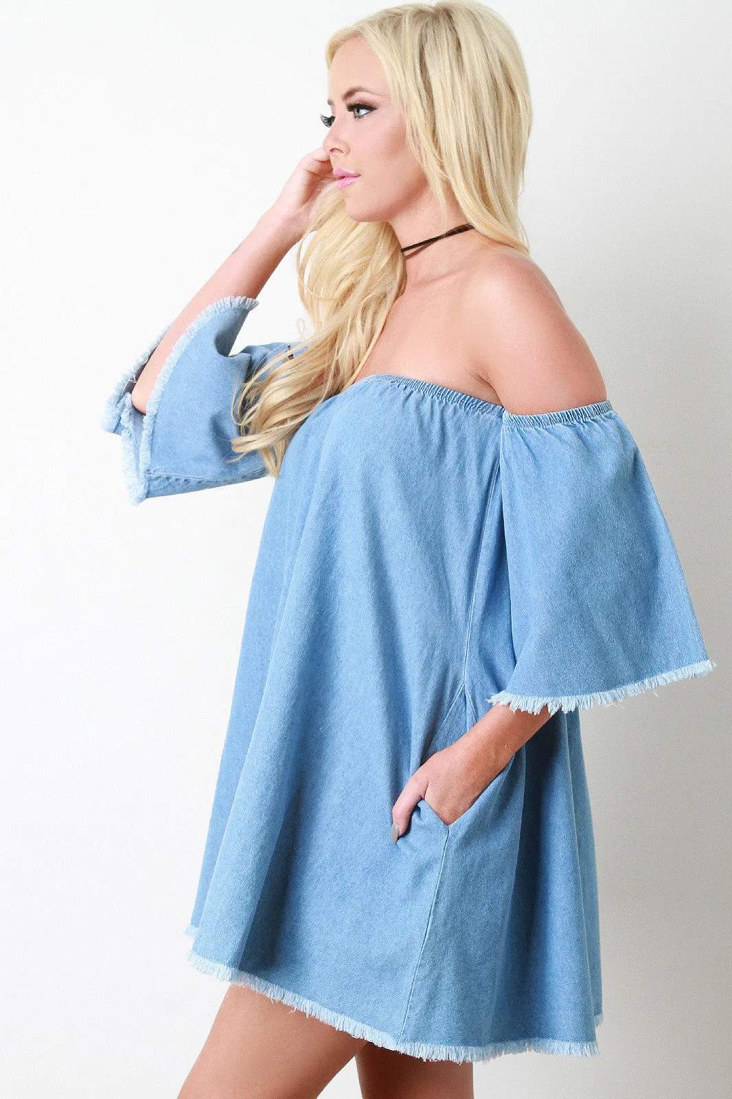 Frayed Denim Bardot Shift Dress