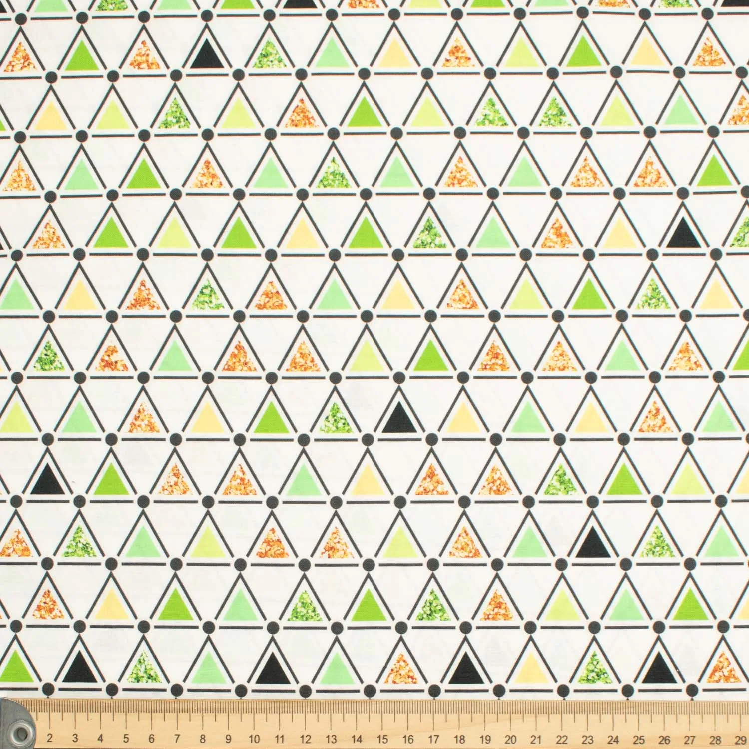 Geometric & Dots Collection Green, Orange & Black Triangle  on White Cotton Prints