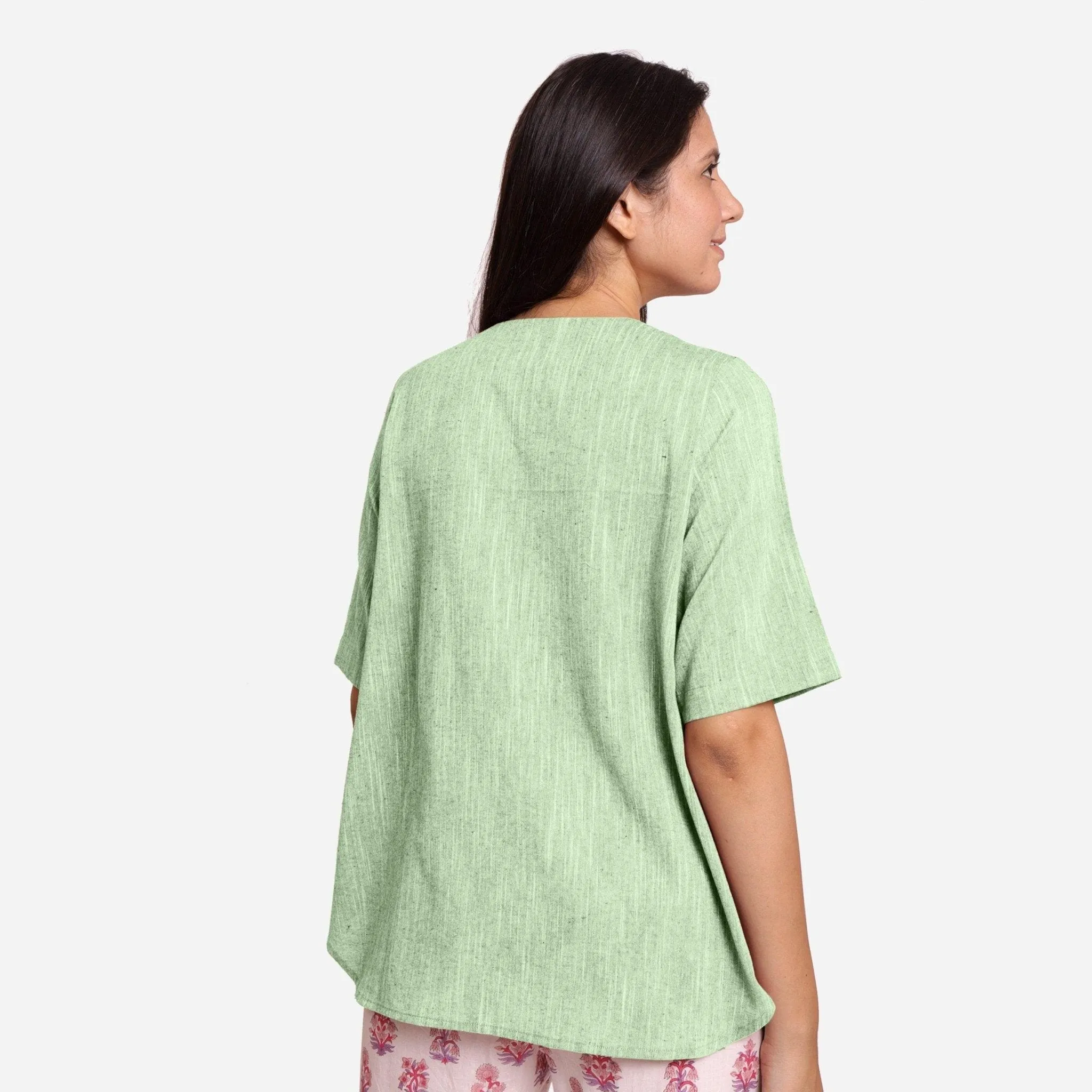 Green 100% Cotton Split Neck High-Low Tunic