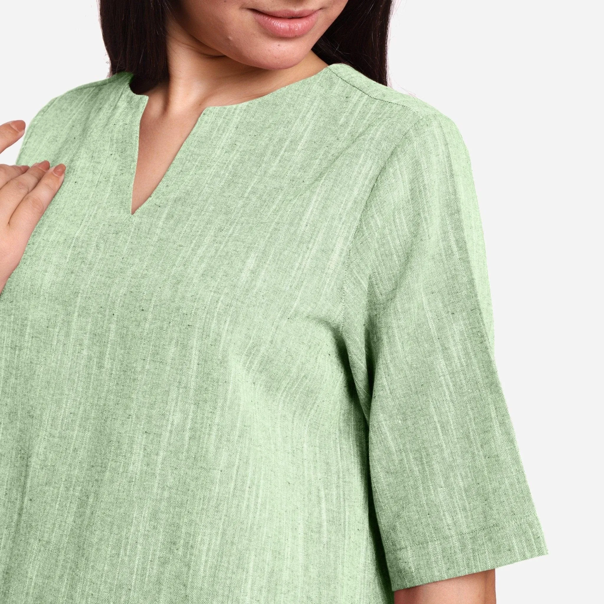 Green 100% Cotton Split Neck High-Low Tunic