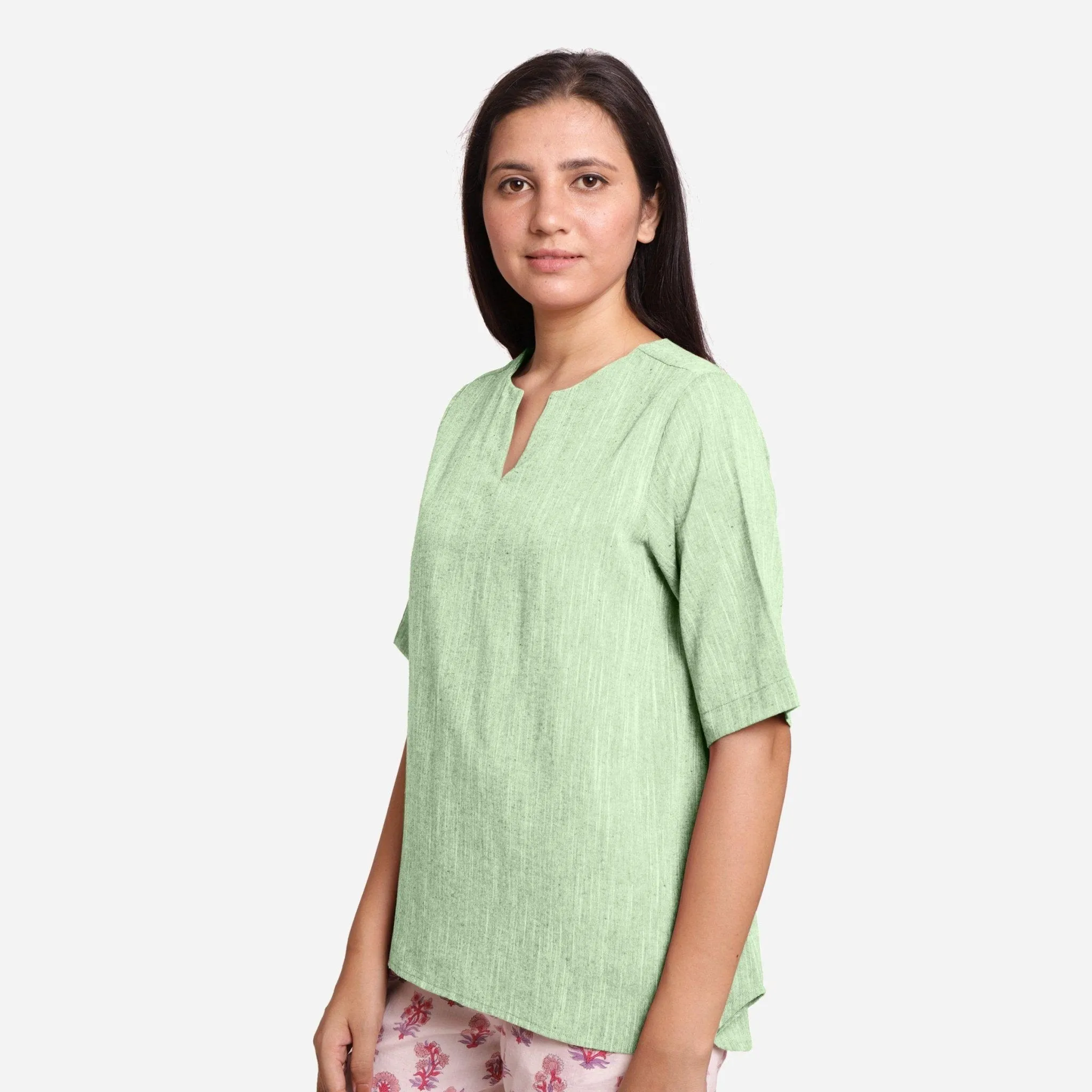 Green 100% Cotton Split Neck High-Low Tunic