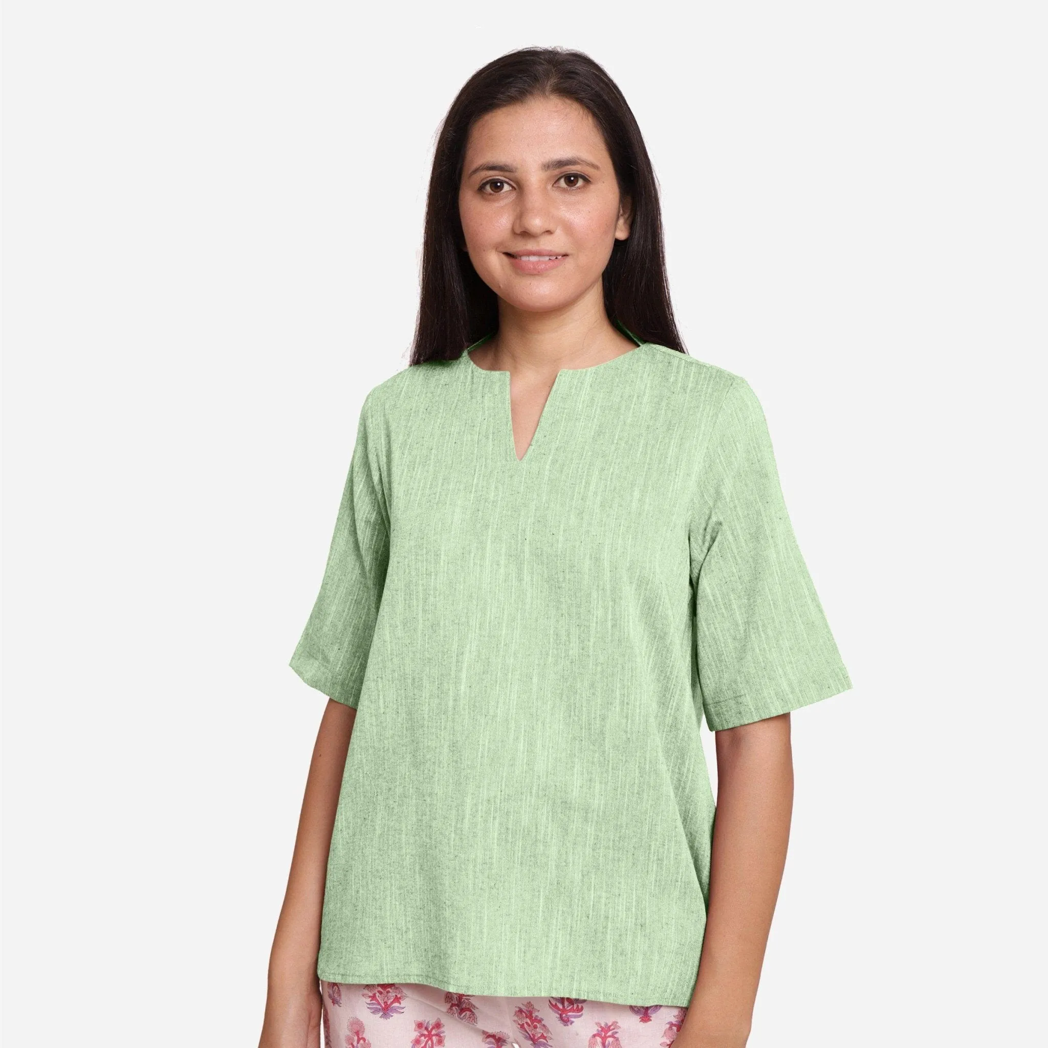 Green 100% Cotton Split Neck High-Low Tunic