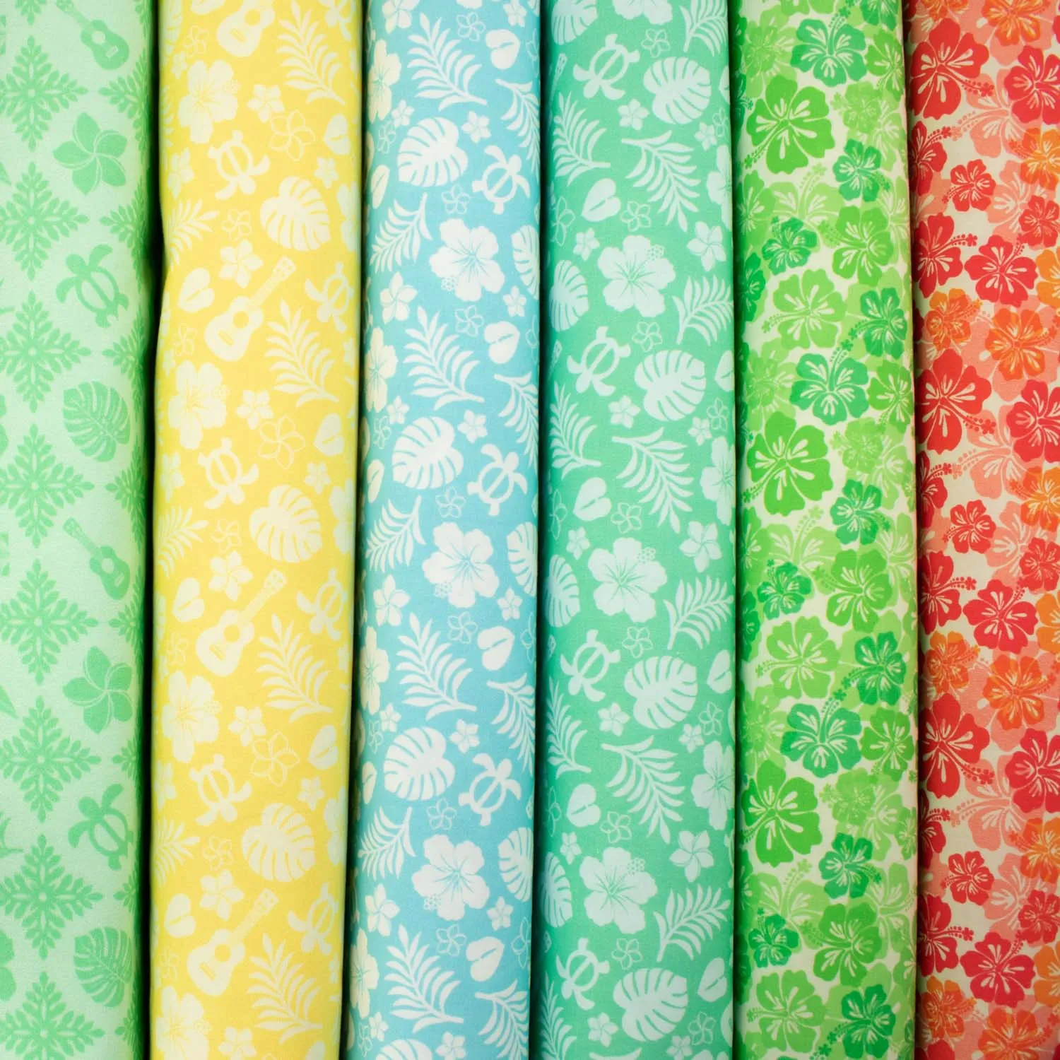 Hawaii Style Collection #12 Flower, Leaves, Sea Turtle & Guitar on Turquoise Cotton Prints