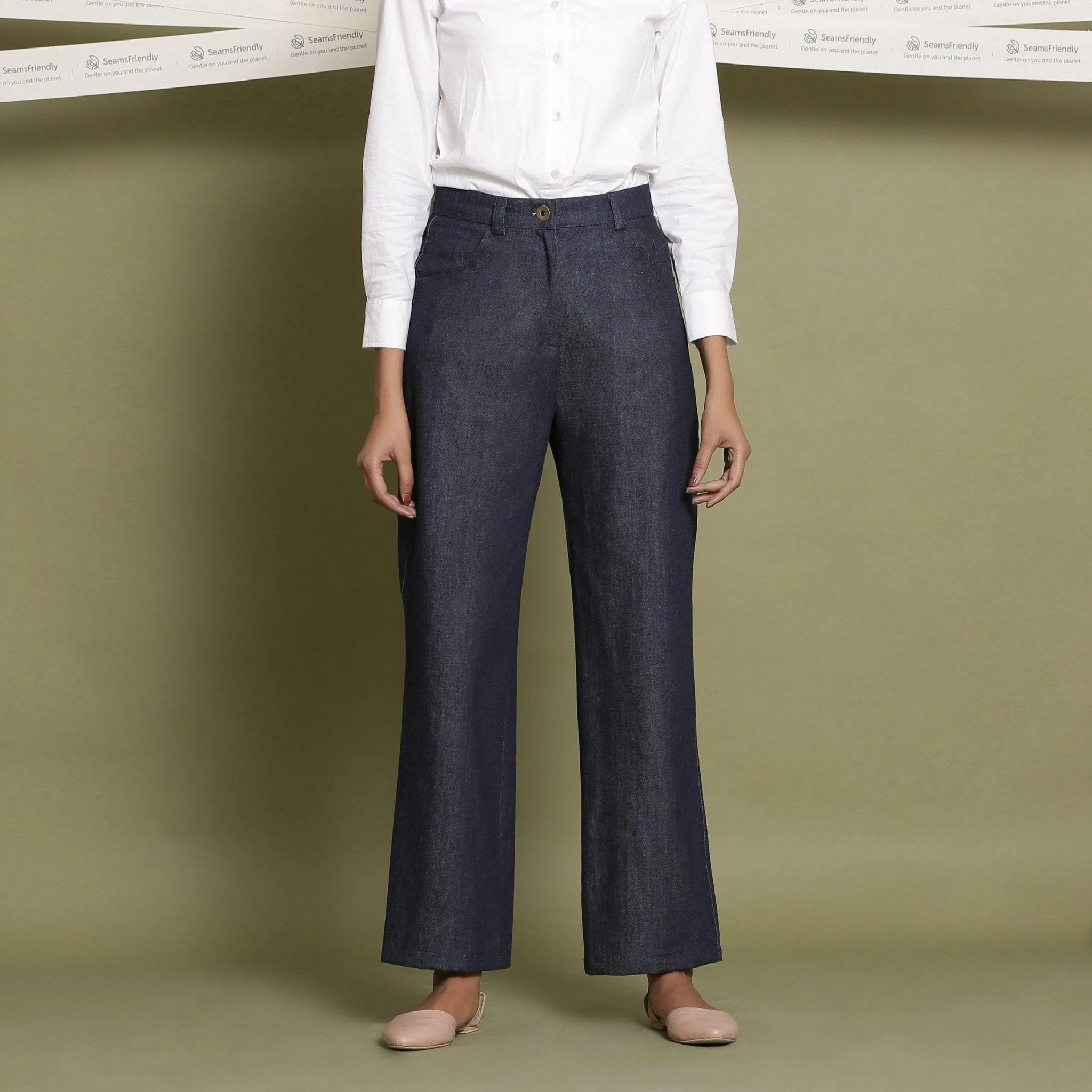 Indigo Cotton Denim High-Rise Wide Legged Jeans