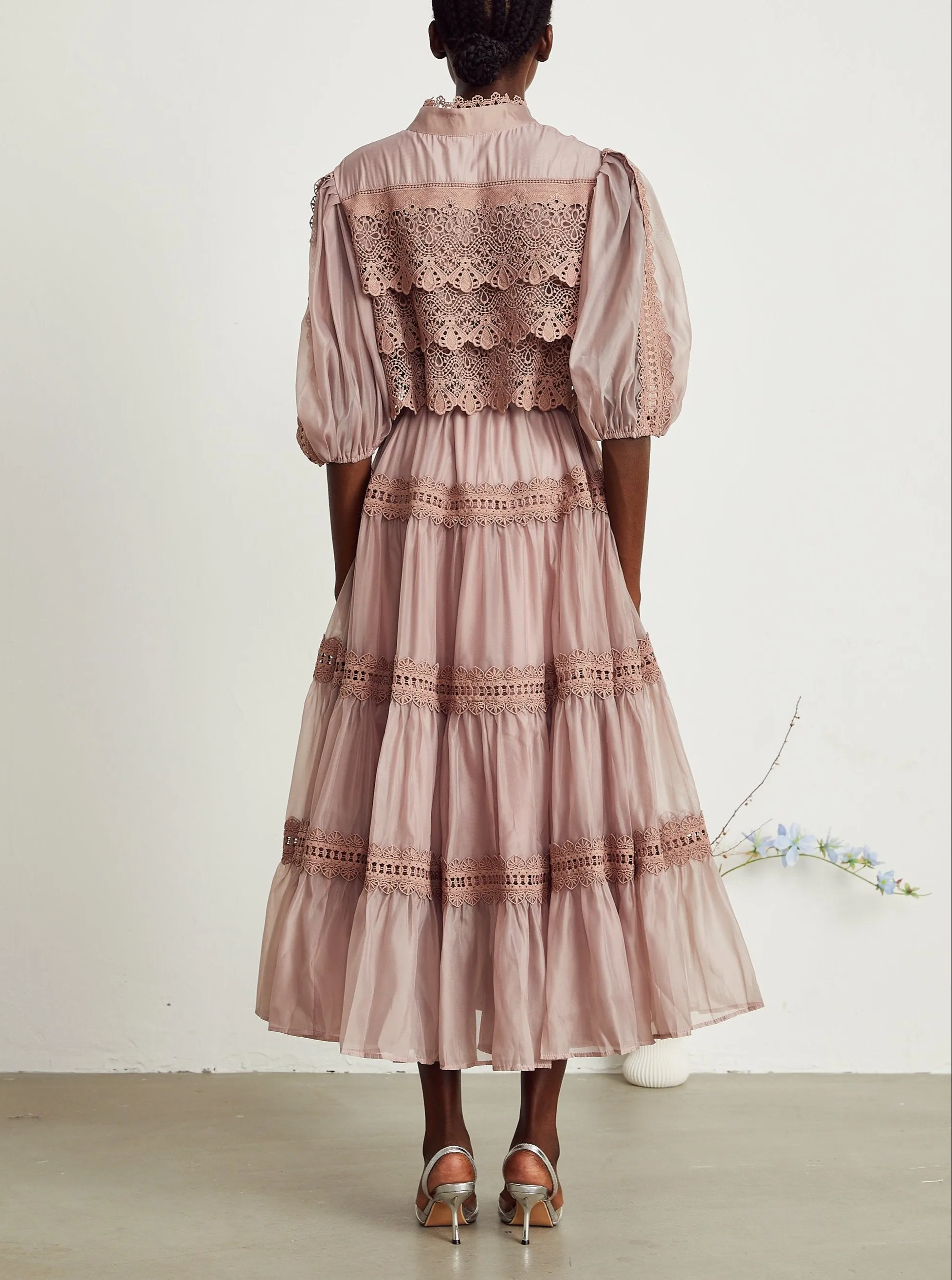 Inès lace cut-out tiered midi dress