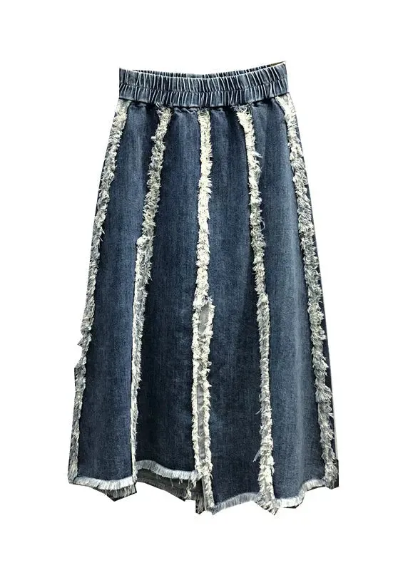 Italian Blue Tasseled Elastic Waist Patchwork Denim Skirts Fall ML0715