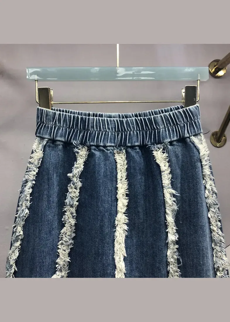 Italian Blue Tasseled Elastic Waist Patchwork Denim Skirts Fall ML0715