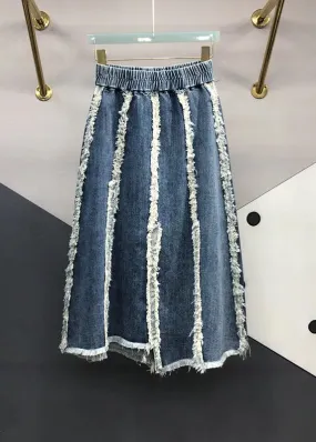 Italian Blue Tasseled Elastic Waist Patchwork Denim Skirts Fall ML0715