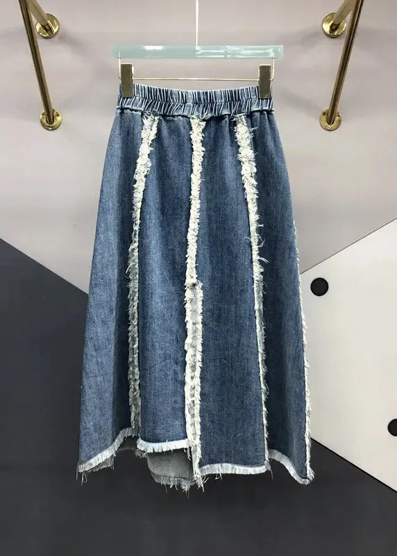 Italian Blue Tasseled Elastic Waist Patchwork Denim Skirts Fall ML0715