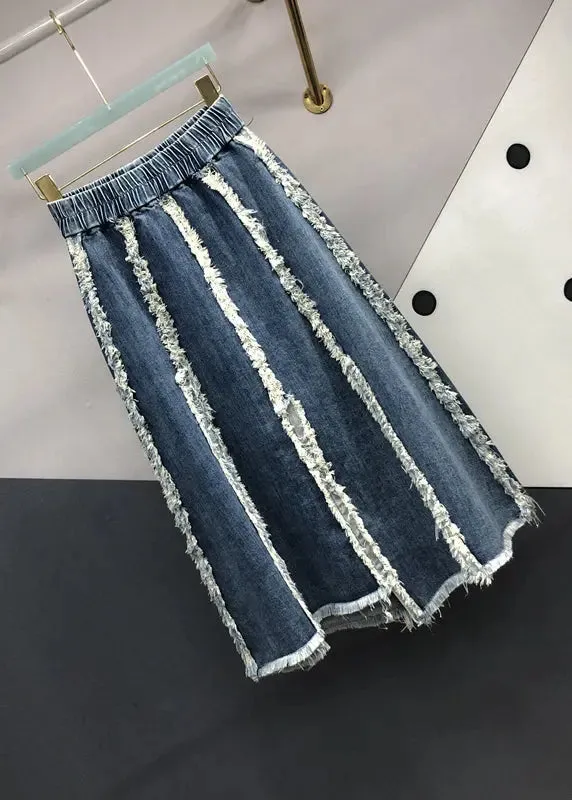 Italian Blue Tasseled Elastic Waist Patchwork Denim Skirts Fall ML0715