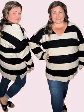 Jaclyn Lightweight Sweater in Black   Taupe Stripe